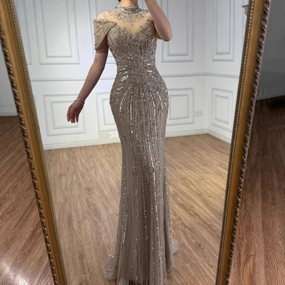 Saudi Arabic Modest High Neck Caramel Mermaid Beaded Evening Dress LA73082