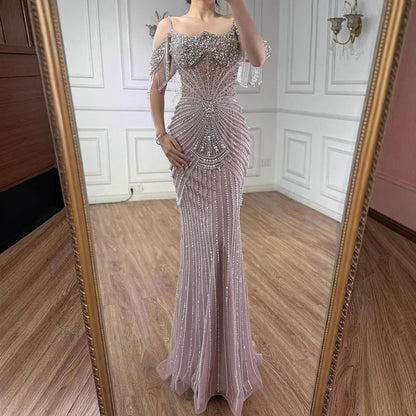 Luxury Nude Pearls Beaded Mermaid Evening Dress Off-the-Shoulder LA73148