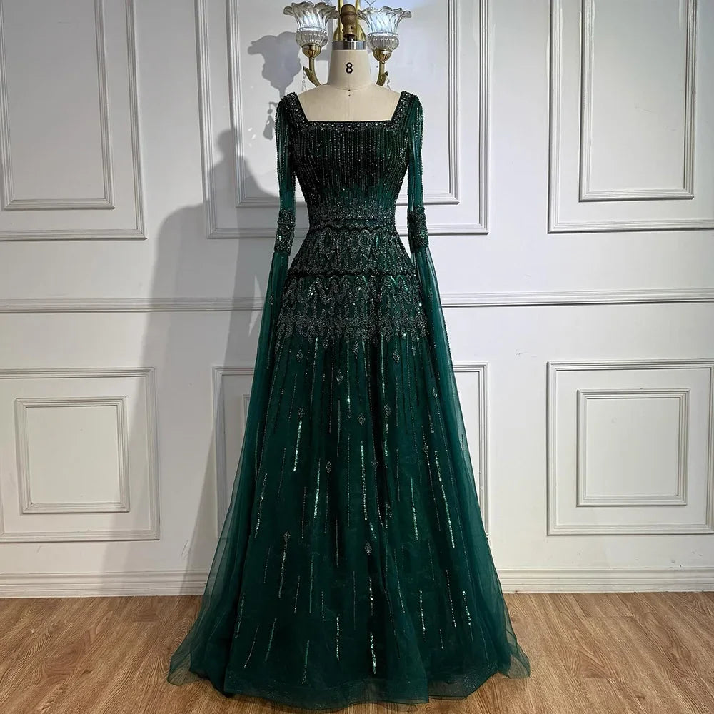 Green A-Line Beaded Evening Dress with Cape Sleeves LA73089