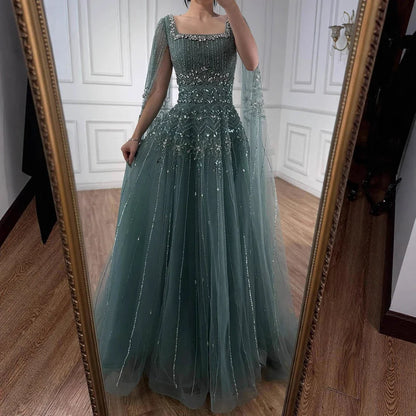 Caramel Beaded A-Line Evening Dress with Cape Sleeves LA73089A