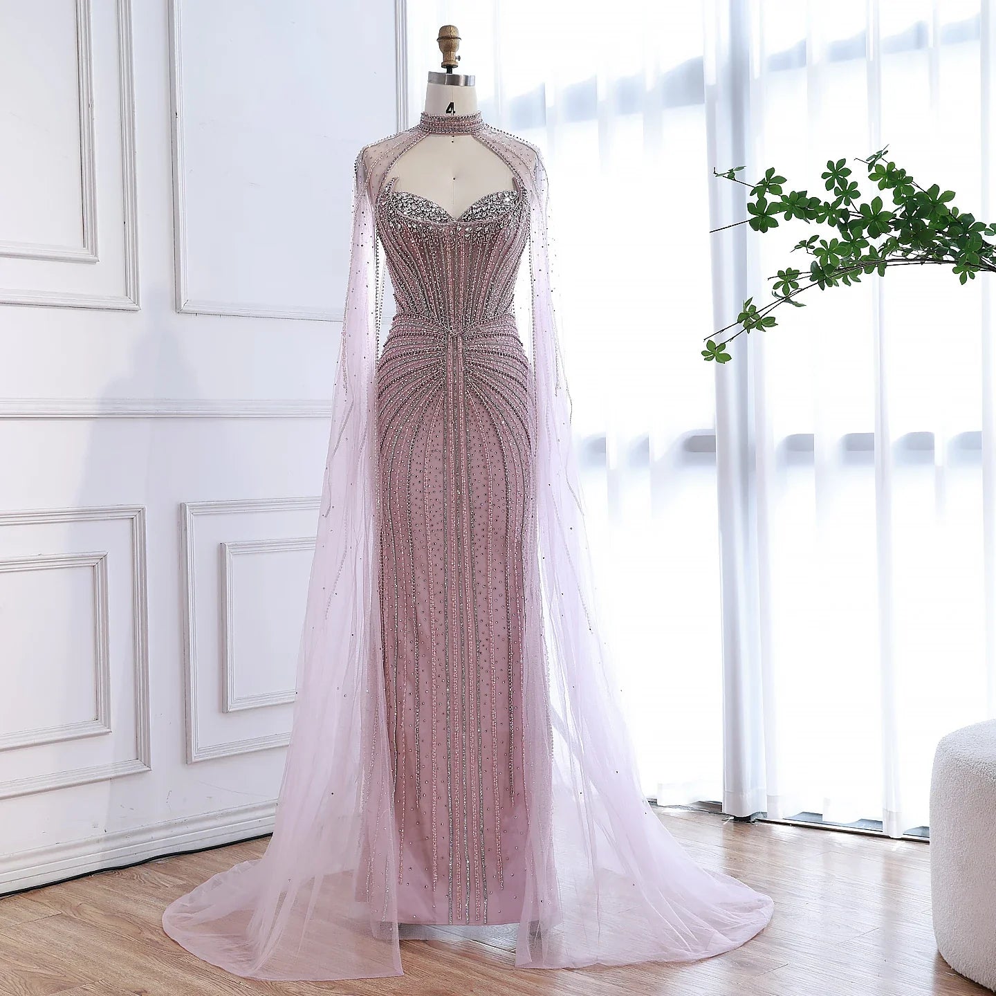 Caramel Beaded Mermaid Luxury Evening Dress with Detachable Cape LA72811C