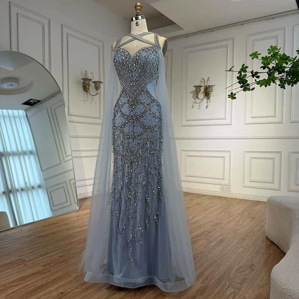 Pink Beaded Luxury Mermaid Evening Dress with Detachable Cape LA72806