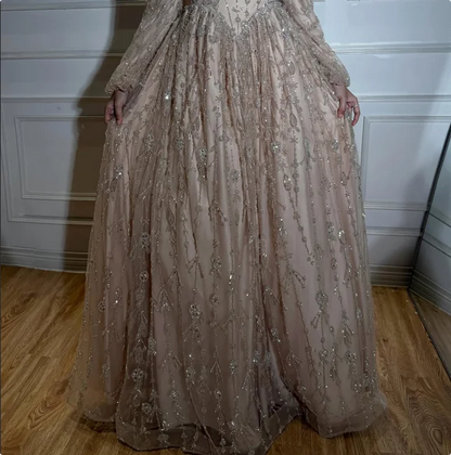 Modest Sage Green Beaded Evening Dress with Long Sleeve LA72805B