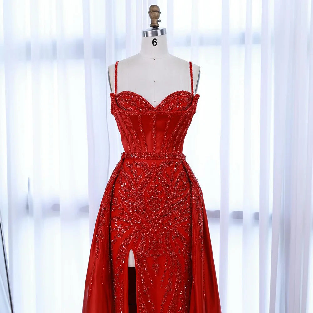 Red Beaded High Slit Evening Gown with Overskirt LA72936