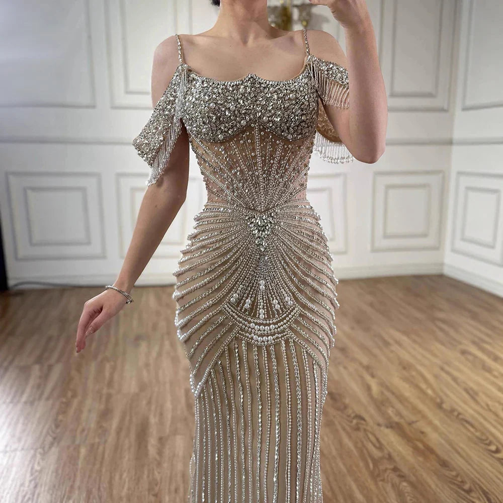 Luxury Nude Pearls Beaded Mermaid Evening Dress Off-the-Shoulder LA73148