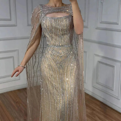 Elegant Blue Strapless Beaded Evening Dress with Cape LA73426