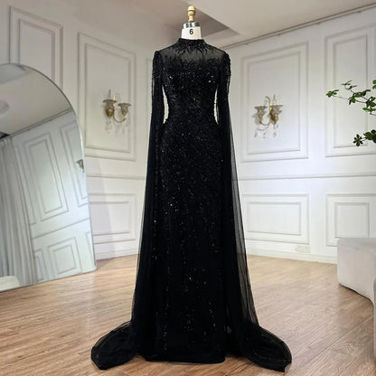Luxury Modest Nude Mermaid Evening Dress with Cape Sleeves LA71885A