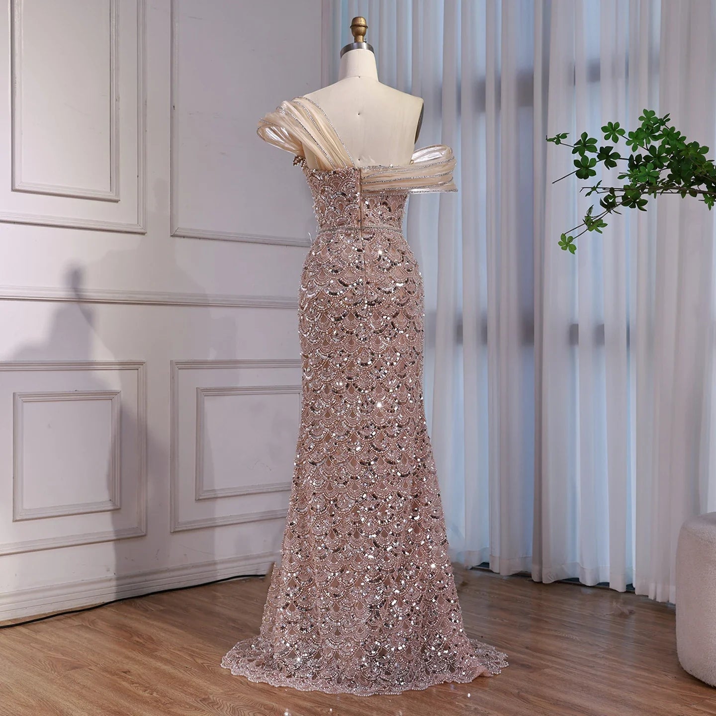 Nude Heady Beaded Off-the-Shoulder Mermaid Evening Dress LA73365A