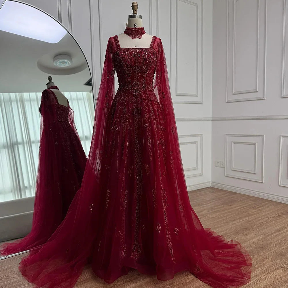 Luxury Cape Sleeve Nude A-Line Crystal Beaded Arabic Evening Dress LA72764