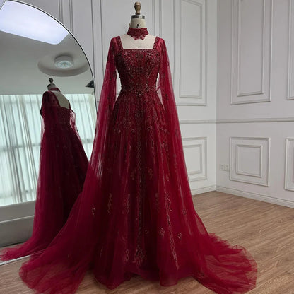 Luxury Cape Sleeve Nude A-Line Crystal Beaded Arabic Evening Dress LA72764