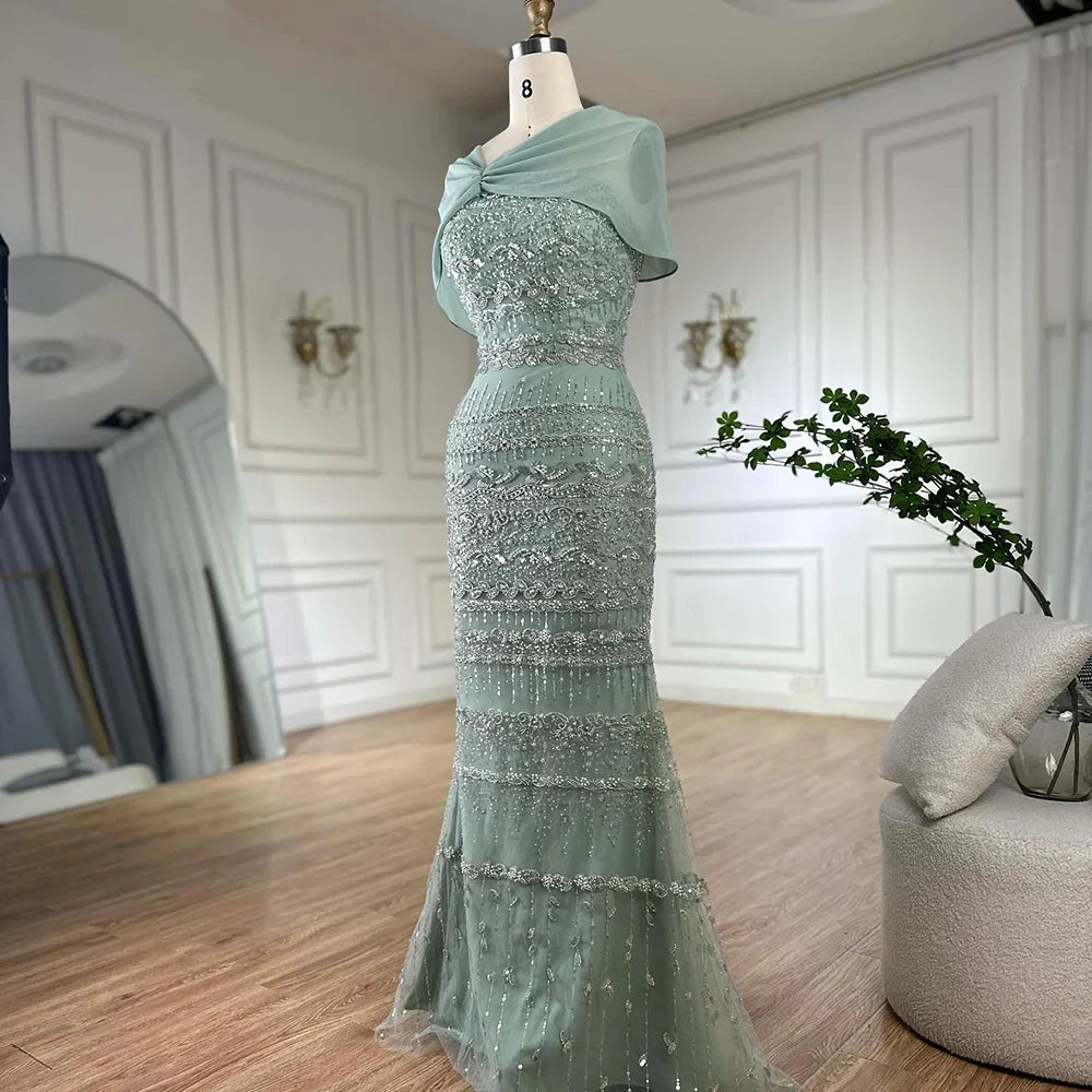 Elegant Sage Green Beaded Evening Dress with Sheer Cape LA72126B