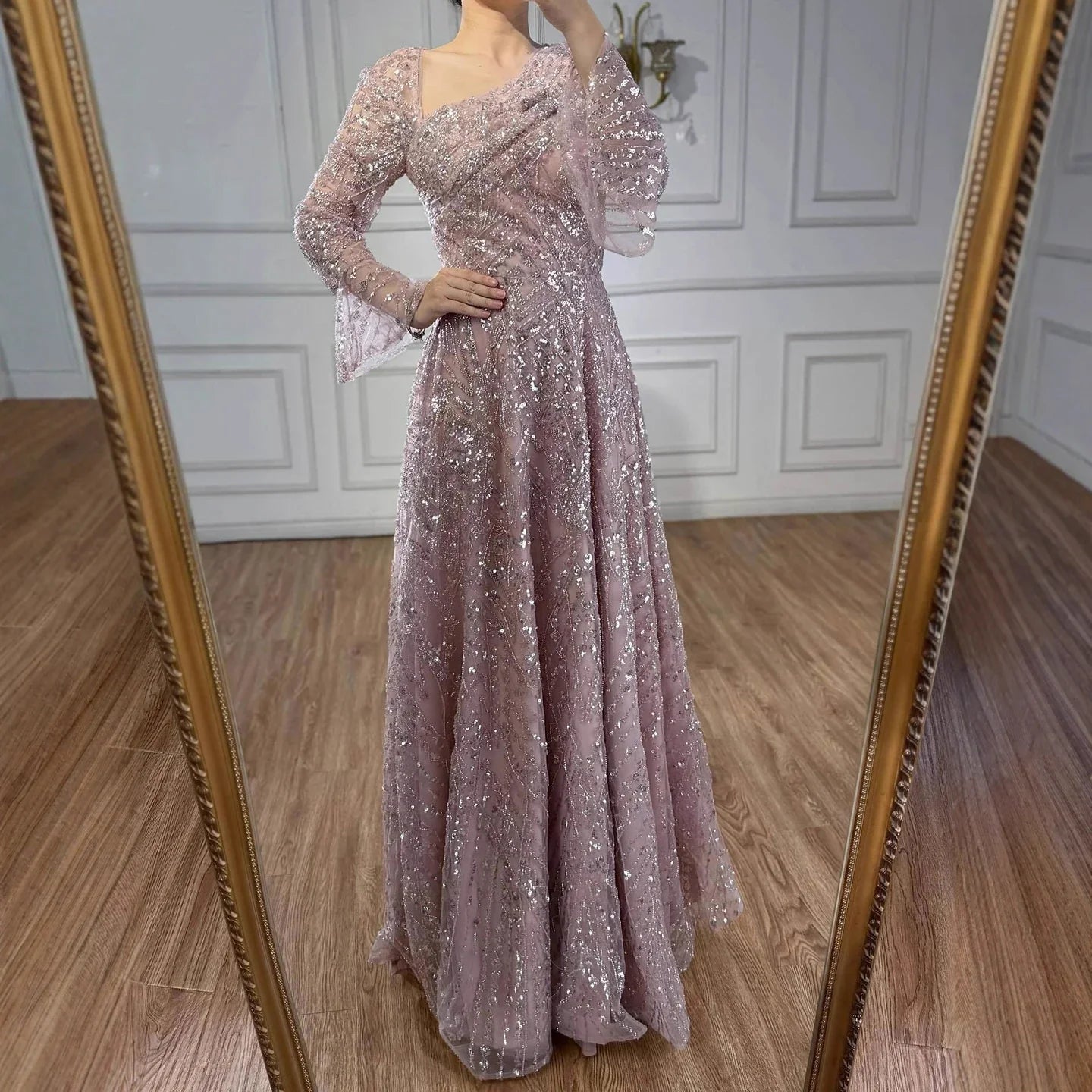 Luxury Turquoise Beaded A-Line Long Sleeve Evening Dress LA73177
