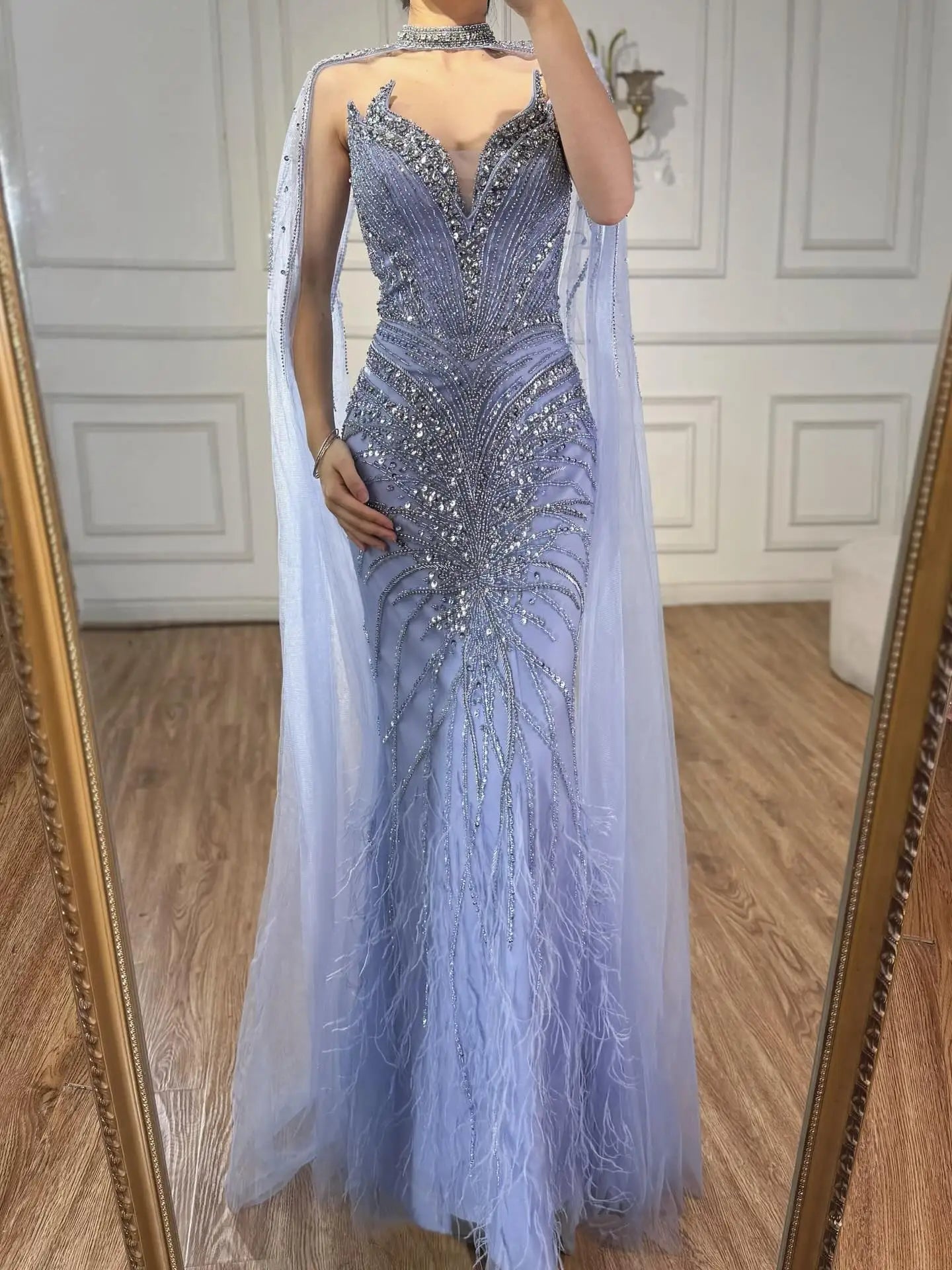 Luxury Caramel Feathers Beaded Evening Dress with Cape for Formal Occasion LA72882