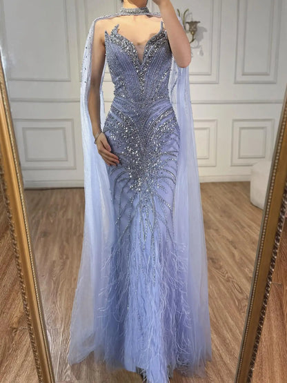 Luxury Caramel Feathers Beaded Evening Dress with Cape for Formal Occasion LA72882
