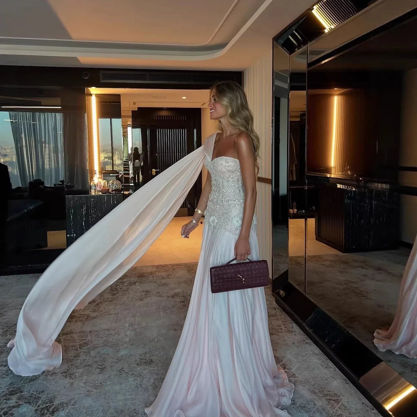 Elegent Pink Floral Beaded Chiffon Evening Dress for Wedding Guest LA73451