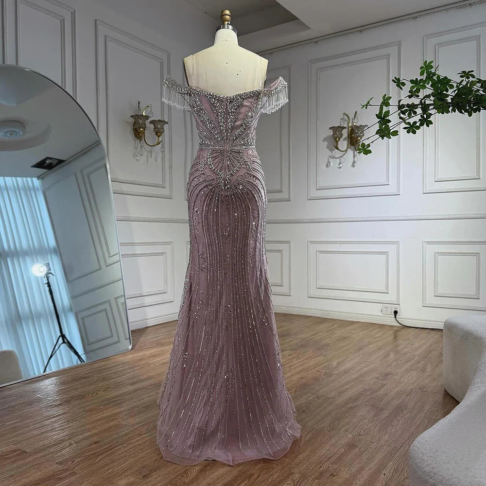 Luxury Pink Beaded Tassel Off-the-Shoulder Evening Dress Dubai Style LA73204