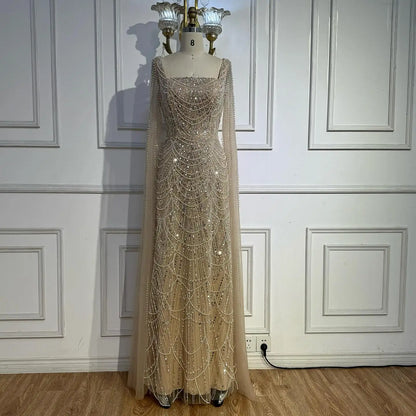 Arabic Turquoise Cape Sleeve Evening Dress Wedding Guest Gown Plus Size LA72590B