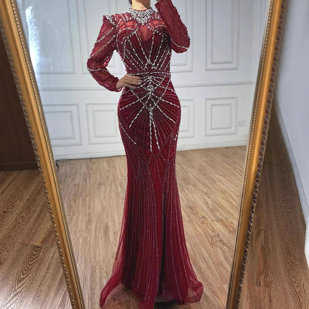 Wine Red Modest Mermaid Beaded Evening Dress LA73203