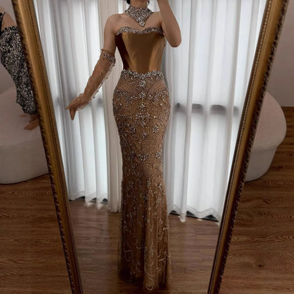 Saudi Nude Beaded Corset Mermaid Evening Dress with Gloves LA72929