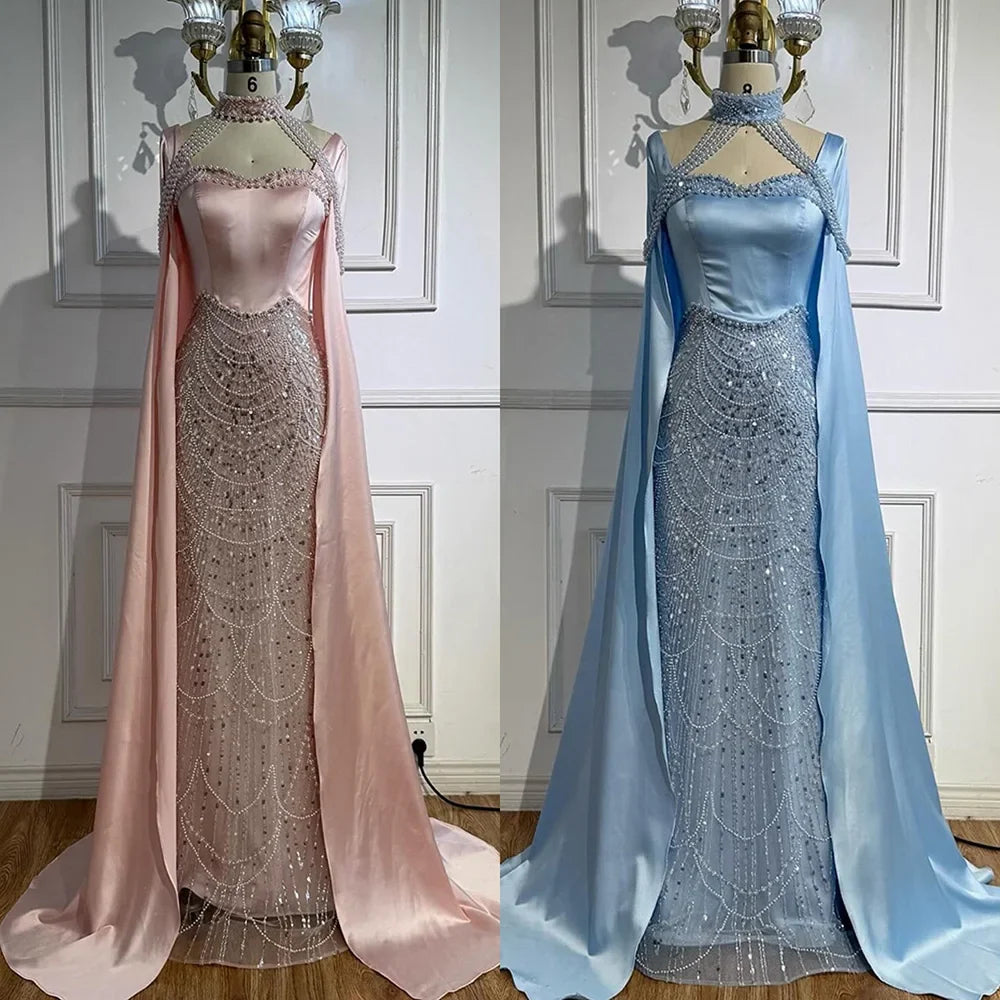Pink Sweetheart Pearls Beaded Evening Dress with Cape Sleeve LA73051
