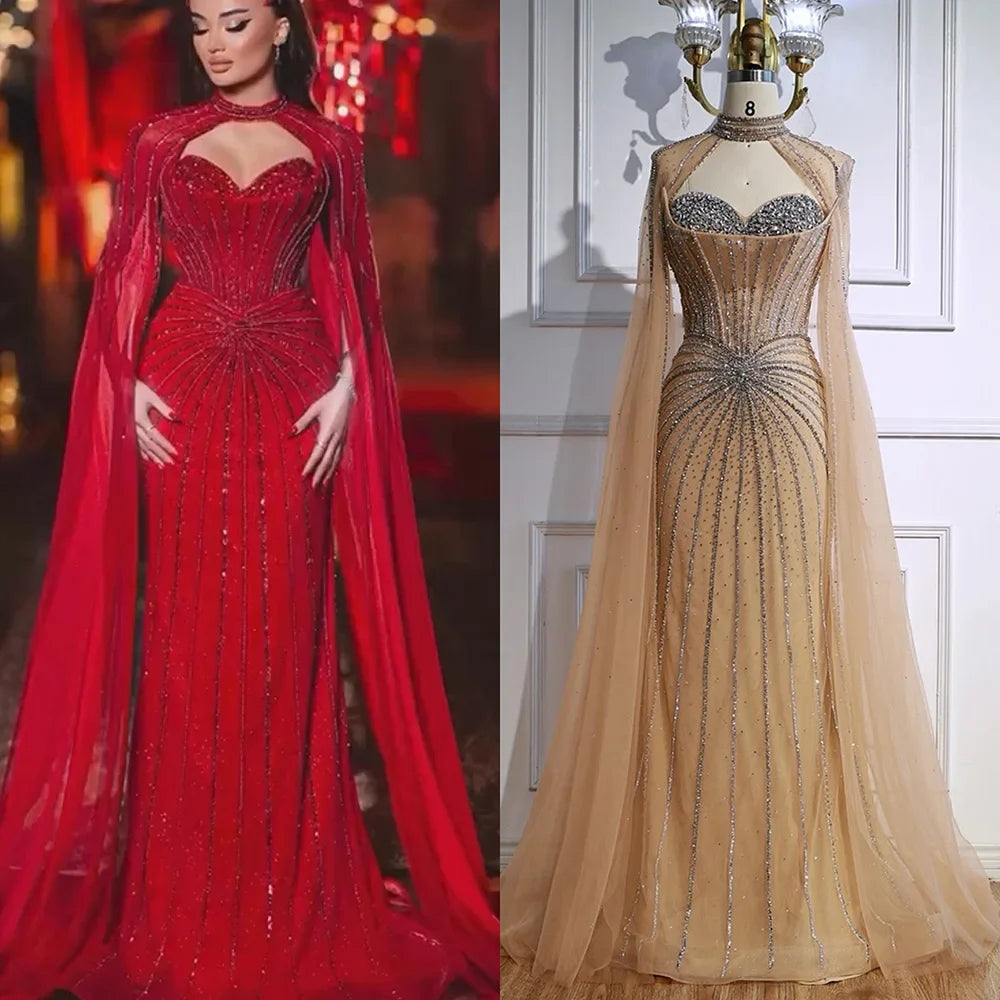 Red Beaded Mermaid Luxury Evening Dress with Cape LA72811A