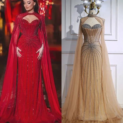 Red Beaded Mermaid Luxury Evening Dress with Cape LA72811A
