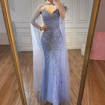 Luxury Caramel Feathers Beaded Evening Dress with Cape for Formal Occasion LA72882
