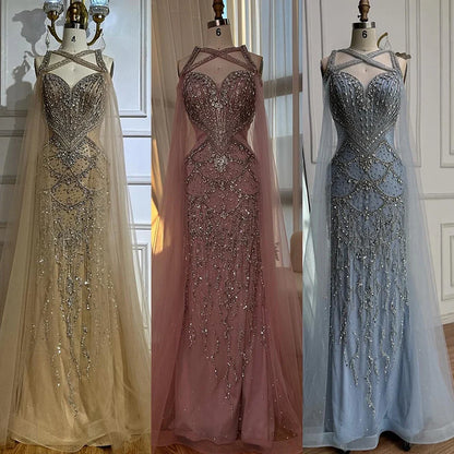 Pink Beaded Luxury Mermaid Evening Dress with Detachable Cape LA72806
