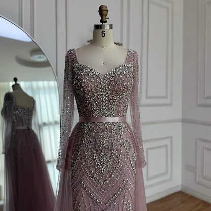 Luxury Nude Beaded Mermaid Evening Dress with Overskirt LA73190