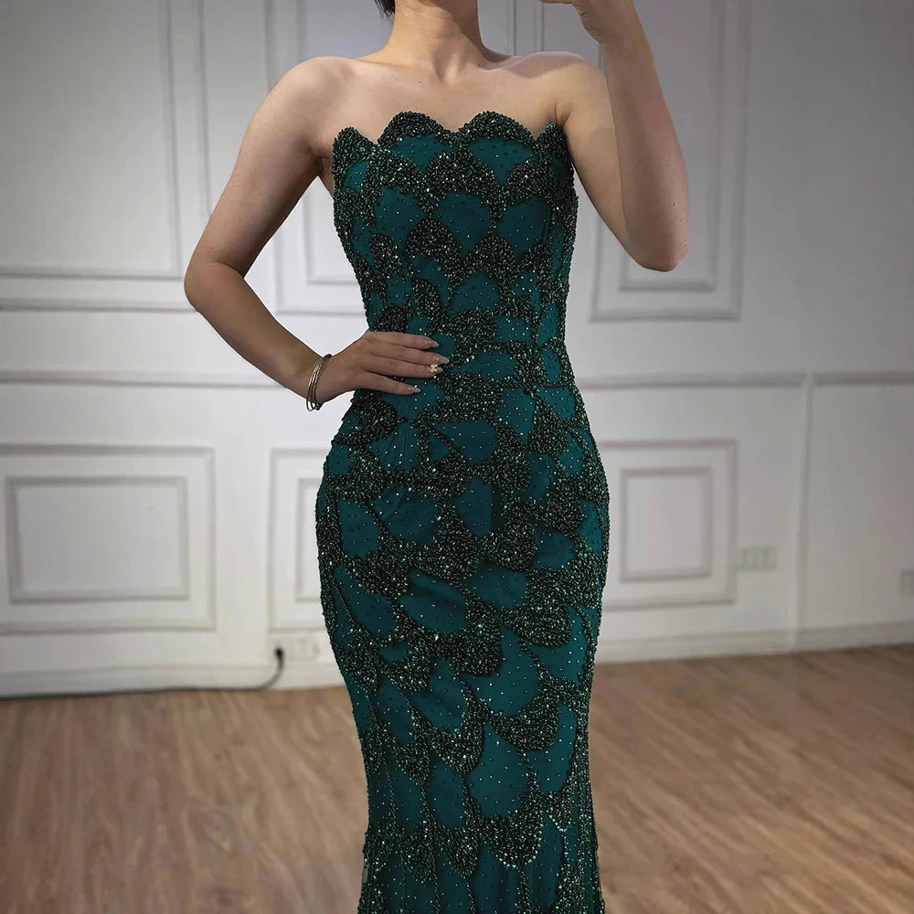 Luxury Arabic Designer Elegant Green Mermaid Evening Dress LA73117