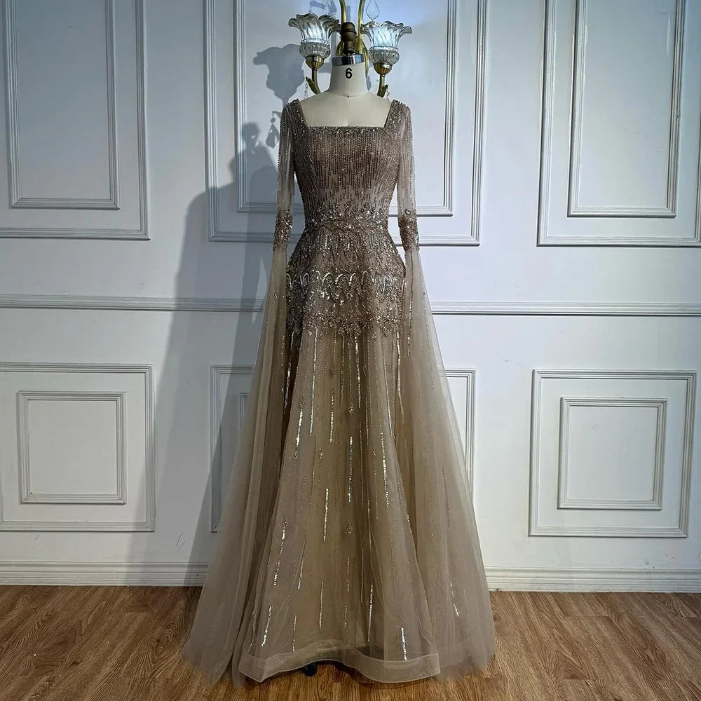 Green A-Line Beaded Evening Dress with Cape Sleeves LA73089