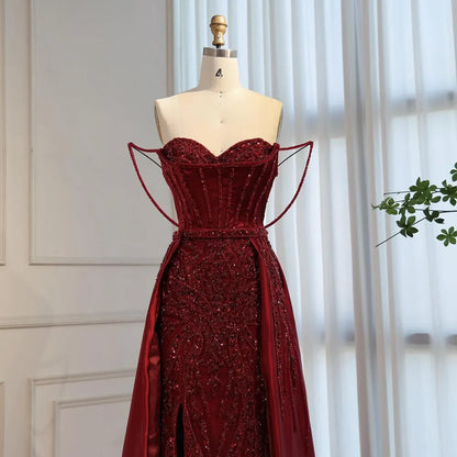 Red Beaded High Slit Evening Gown with Overskirt LA72936