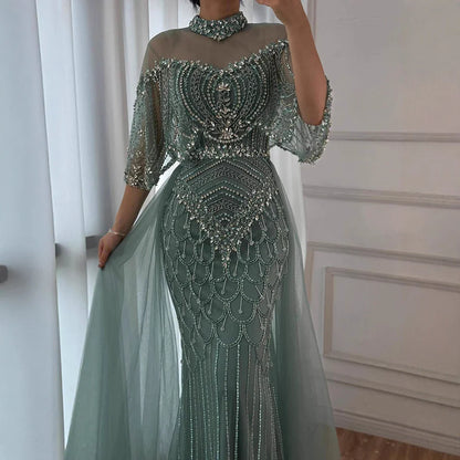 Luxury Nude Beaded Sleeveless Evening Dress with Cape LA73129