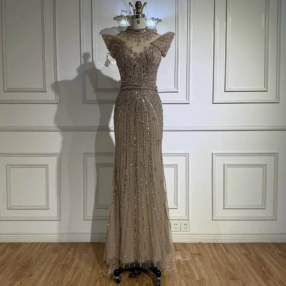Saudi Arabic Modest High Neck Caramel Mermaid Beaded Evening Dress LA73082