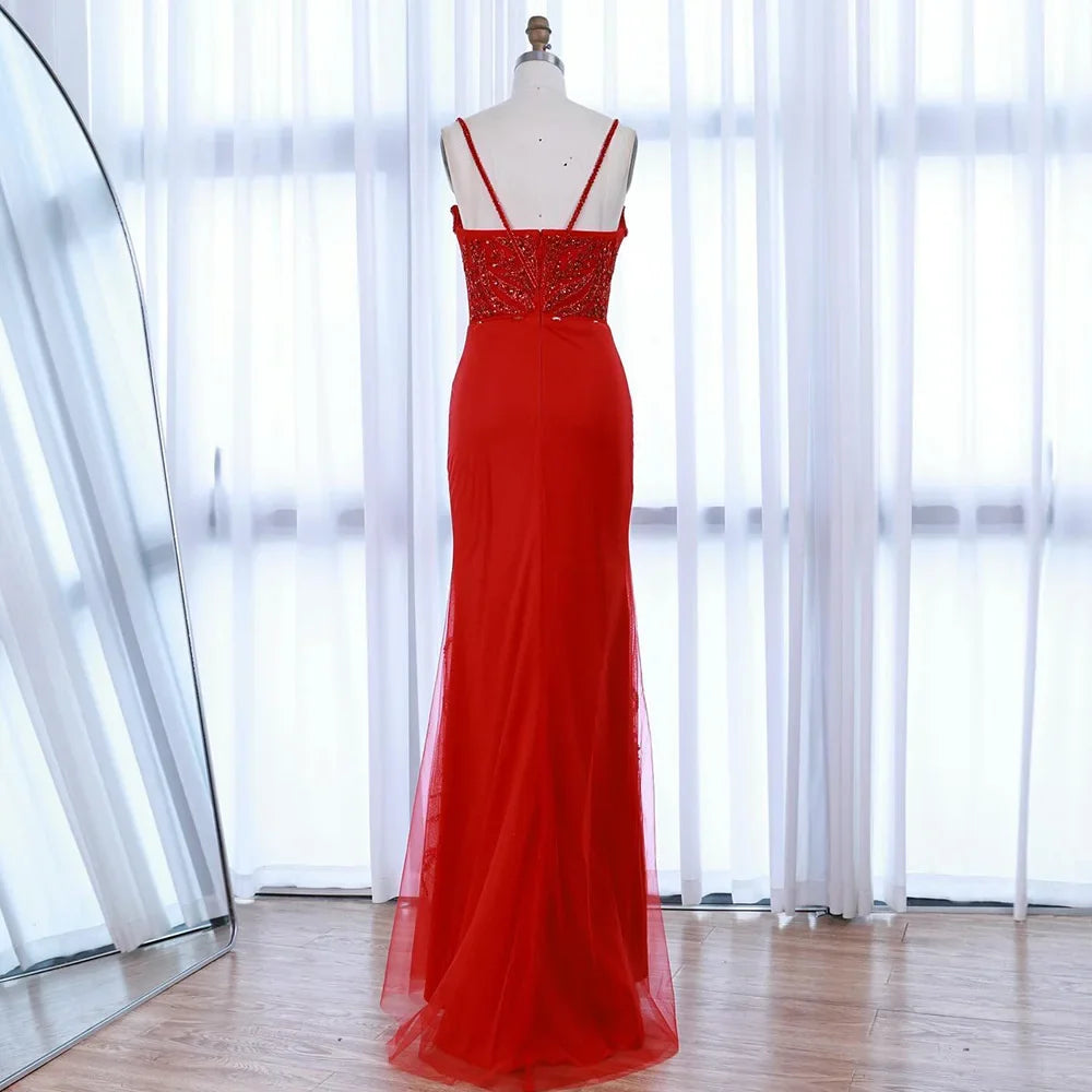 Red Beaded High Slit Evening Gown with Overskirt LA72936