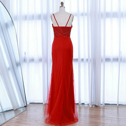 Red Beaded High Slit Evening Gown with Overskirt LA72936
