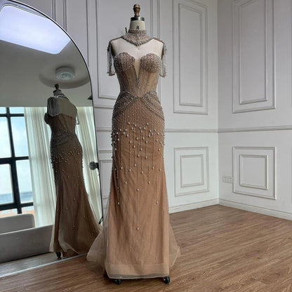 Nude Pearl Beaded Strapless Mermaid Evening Dress with Detachable Cape LA73183