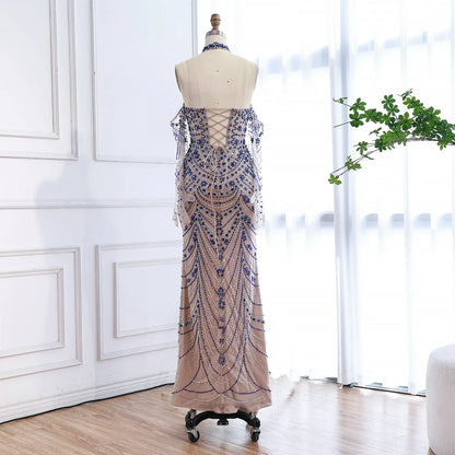Halter Neck Blue Mermaid Luxury Evening Dress with Gloves LA72760C