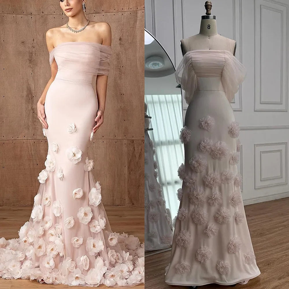 Elegant Pink 3D Flower Off-the-Shoulder Mermaid Evening dress LA72943