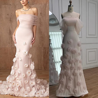 Elegant Pink 3D Flower Off-the-Shoulder Mermaid Evening dress LA72943