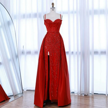 Red Beaded High Slit Evening Gown with Overskirt LA72936
