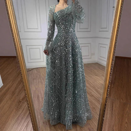 Luxury Turquoise Beaded A-Line Long Sleeve Evening Dress LA73177