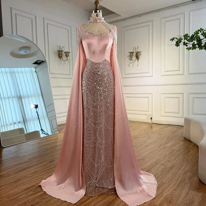 Pink Sweetheart Pearls Beaded Evening Dress with Cape Sleeve LA73051