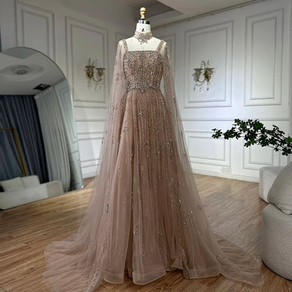 Luxury Cape Sleeve Nude A-Line Crystal Beaded Arabic Evening Dress LA72764