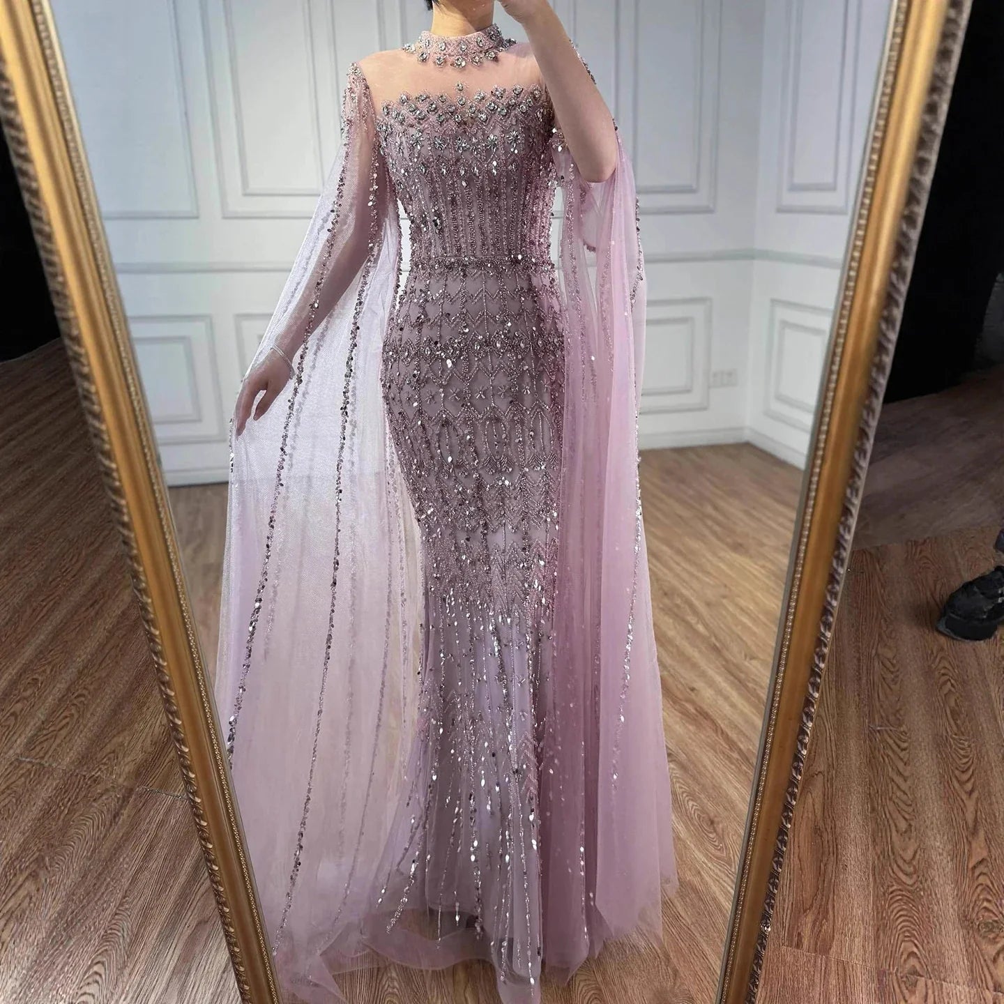 Nude Hand-Beading Evening Dress Cape Sleeve for Formal Night Wedding Party LA72714A