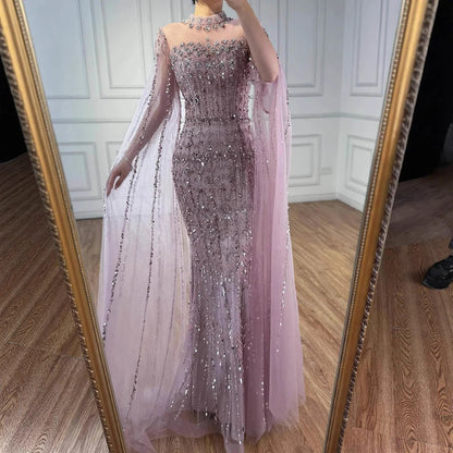 Nude Hand-Beading Evening Dress Cape Sleeve for Formal Night Wedding Party LA72714A