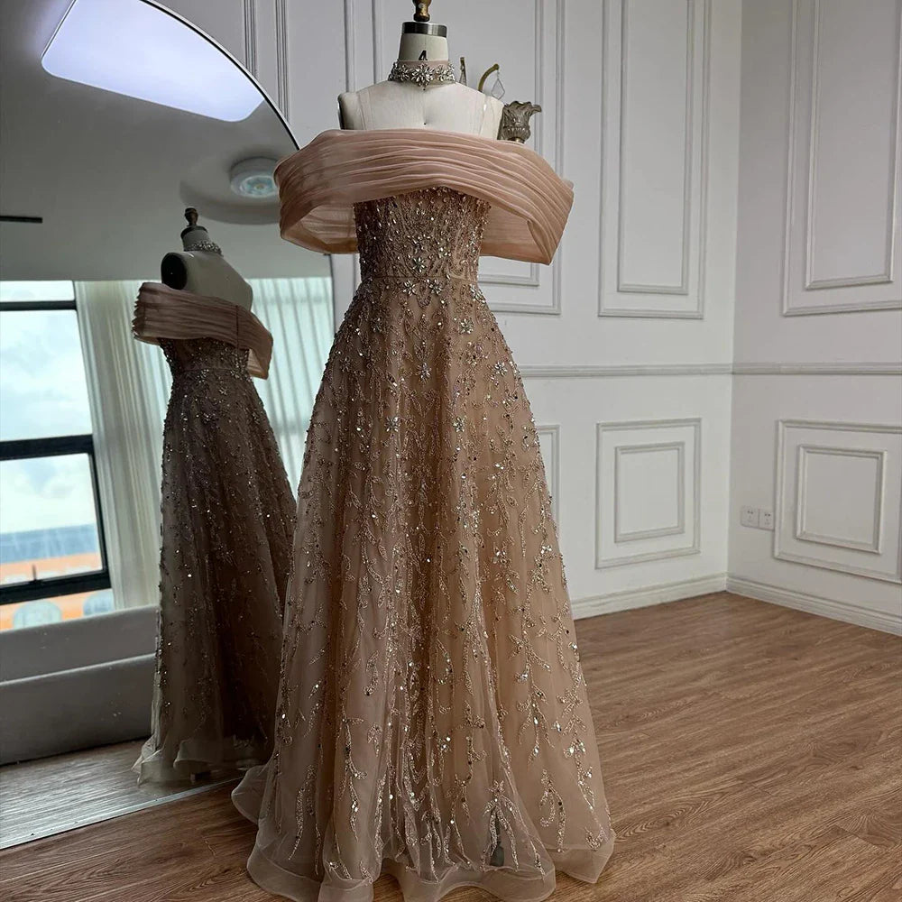 Glamorous Silver Gray Off-the-Shoulder Beaded Evening Dress Ball Gown LA73062