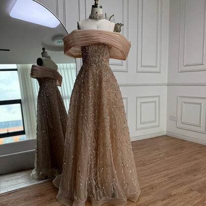 Glamorous Silver Gray Off-the-Shoulder Beaded Evening Dress Ball Gown LA73062