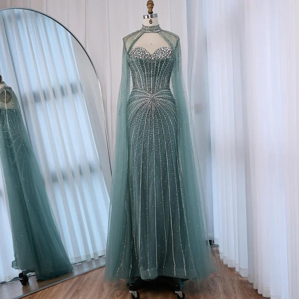 Red Beaded Mermaid Luxury Evening Dress with Cape LA72811A