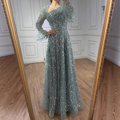 Luxury Turquoise Beaded A-Line Long Sleeve Evening Dress LA73177